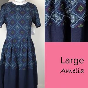 Large Navy Blue w/ Pattern LuLaRoe Amelia Dress